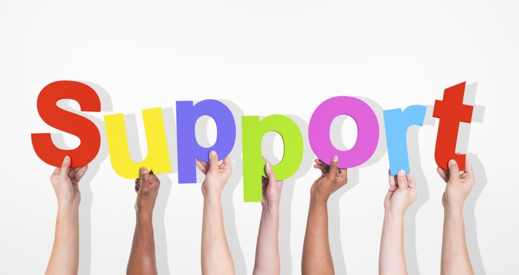 The word "support" with letters held up by diverse hands.