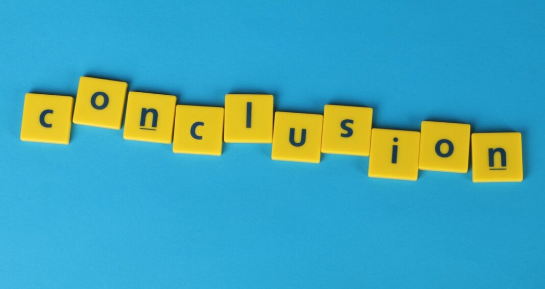 The word conclusion spelled out in yellow scrabble letters on a blue background.