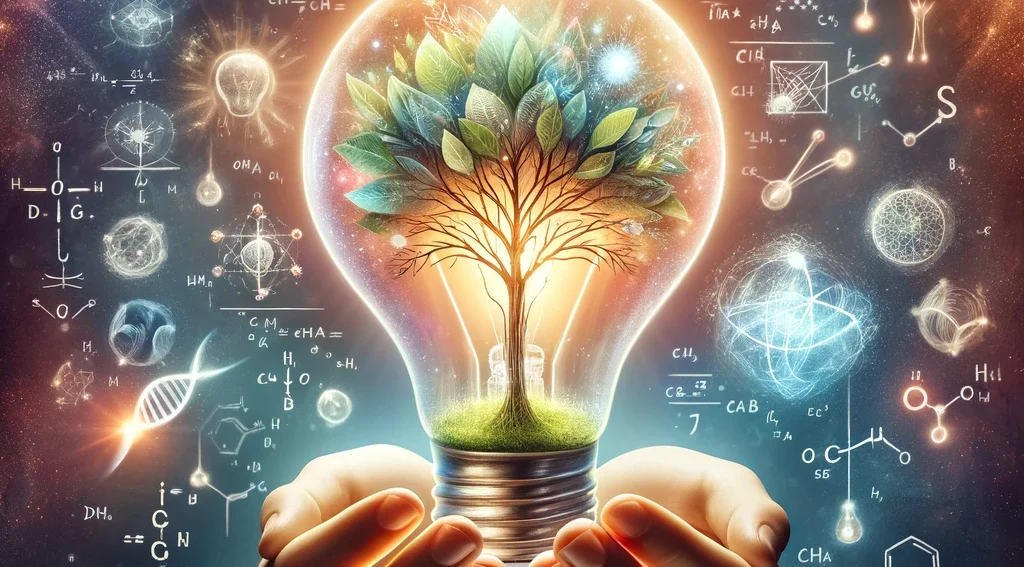 Two open hands holding a light light bulb containing a tree surrounded by a sky of scientific symbols.