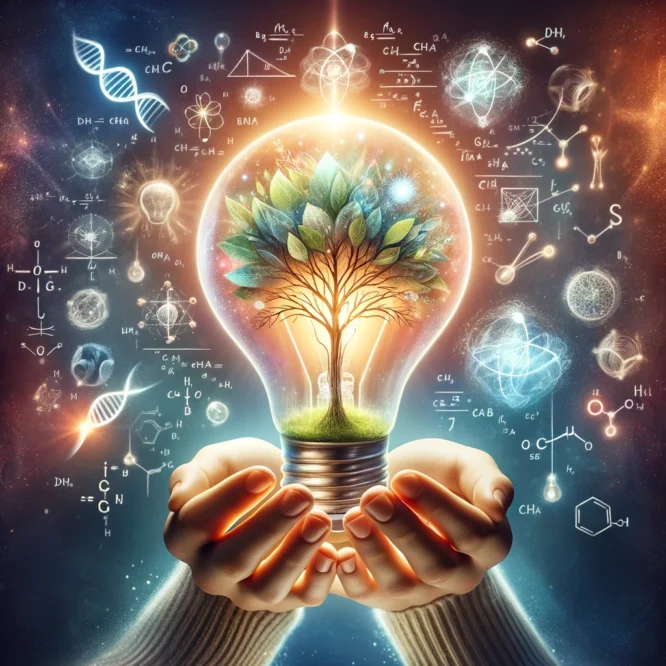 Two open hands holding a light light bulb containing a tree surrounded by a sky of scientific symbols.