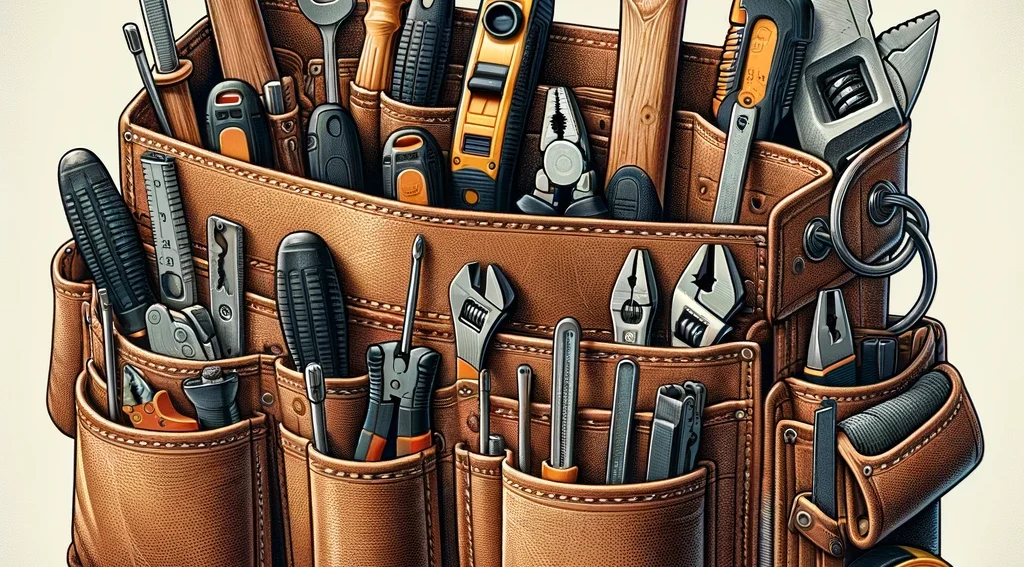 Picture of leather tool belt full of hand tools.