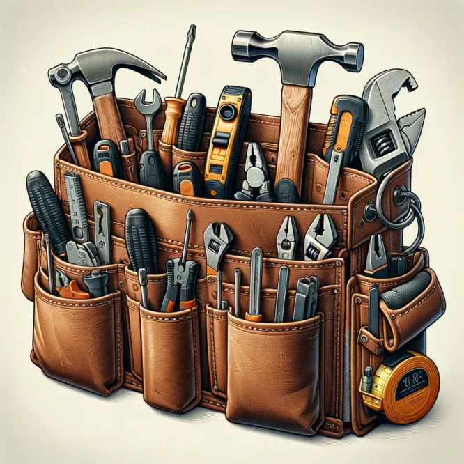 Picture of leather tool belt full of hand tools.