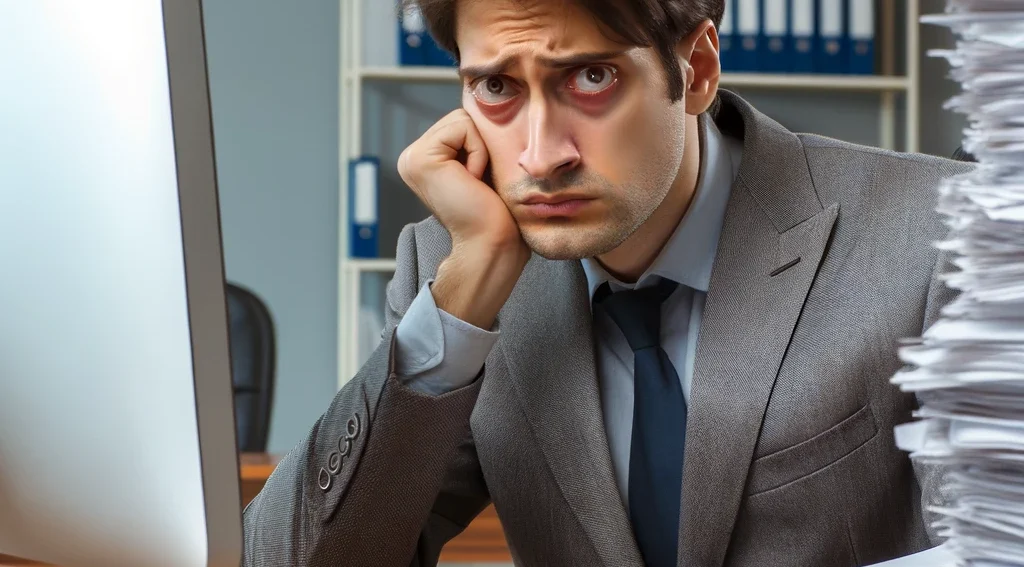 Unhappy man with head in hands sitting at his desk at work with piles of paper next to him.