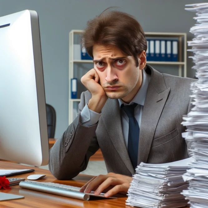 Unhappy man with head in hands sitting at his desk at work with piles of paper next to him.
