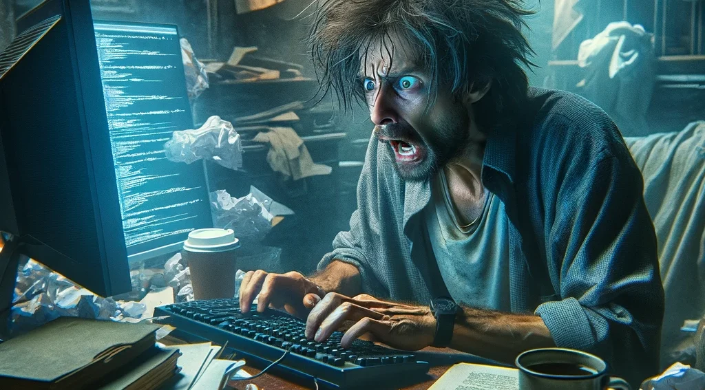 Crazed man with wild hair typing at a computer with wadded up papers around him to illustrate academic publishing