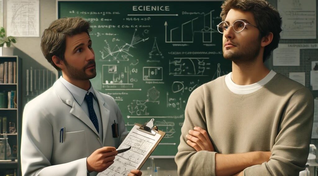 Scientific skepticism illustrated by a scientist in a white lab coat explaining something to the person on the right with folded hands clearly not accepting it.