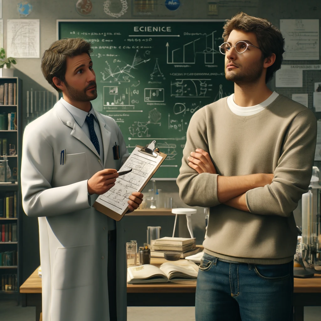 Scientific skepticism illustrated by a scientist in a white lab coat explaining something to the person on the right with folded hands clearly not accepting it.