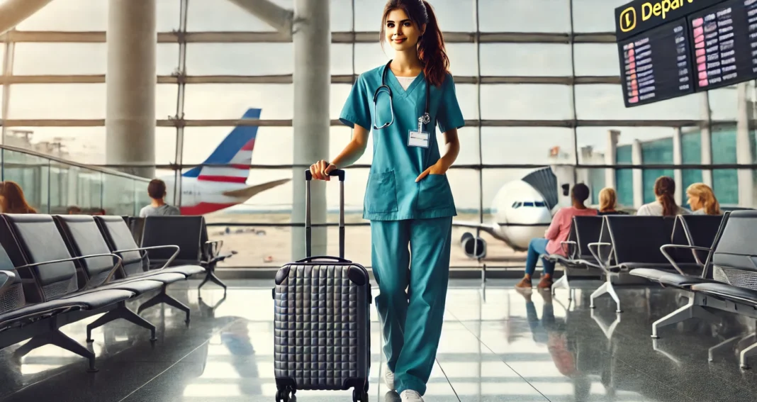 Travel nurse versus staff nurse experience as a nurse in scrubs in wheeling her suitcase through an airport