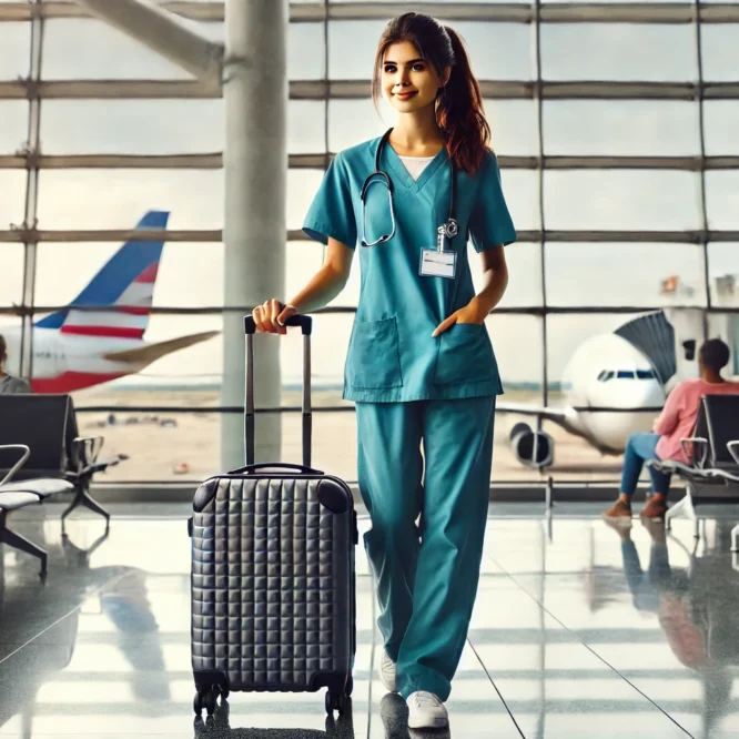 Travel nurse versus staff nurse experience as a nurse in scrubs in wheeling her suitcase through an airport