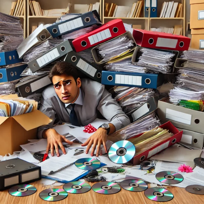Man lying on floor buried in stacks of notebooks and CDs