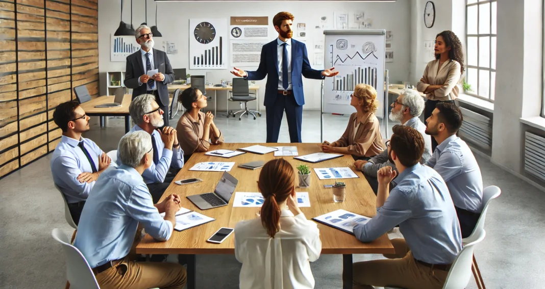 An office with a manager in front explaining something to employees seated around a table.