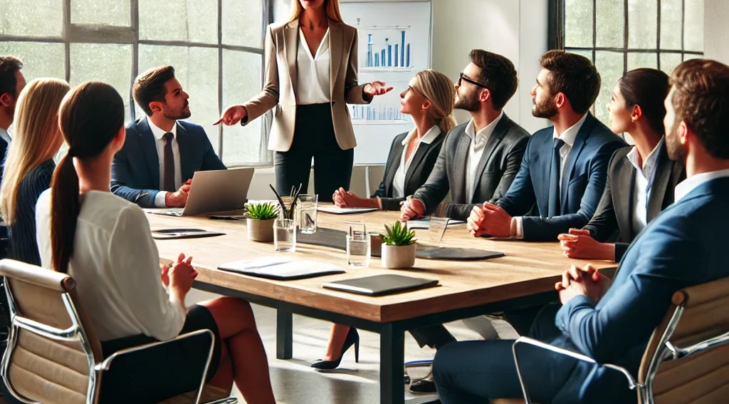 Woman manager standing up and presenting to a table of seated employees..