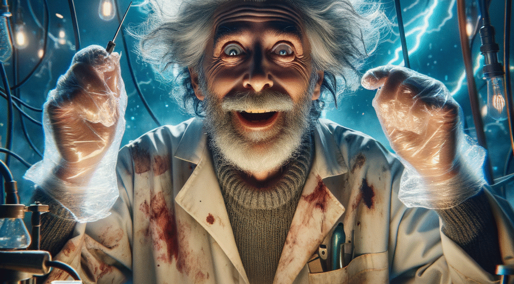 Mad scientist with white hair and beard in front of glowing test tubes.