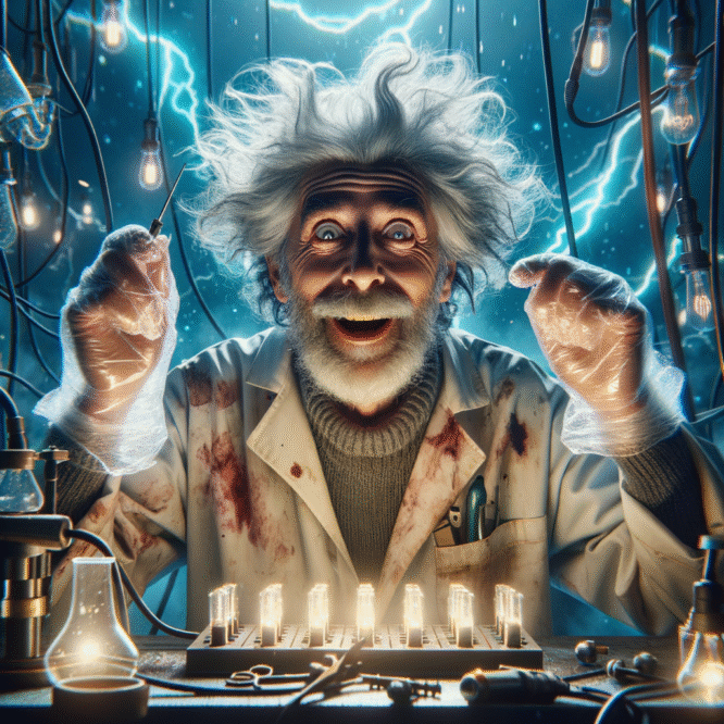 Mad scientist with white hair and beard in front of glowing test tubes.