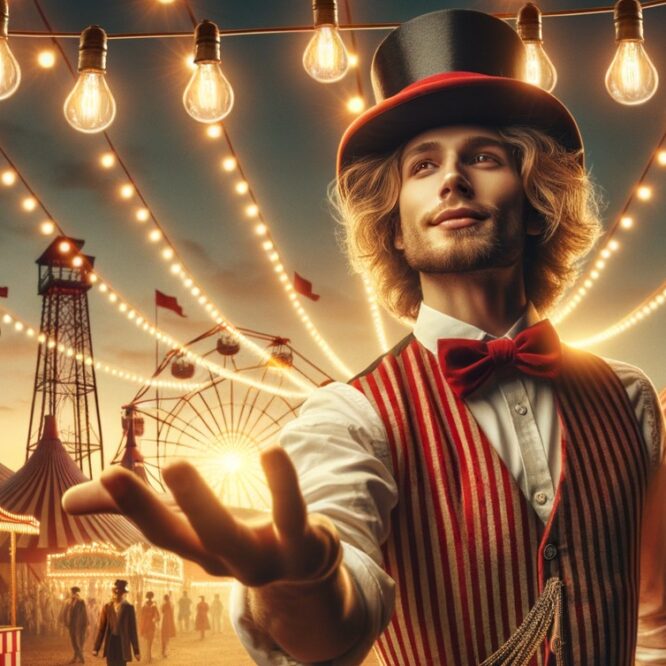 Carnival barker in top hat and striped vest in front of carnival.