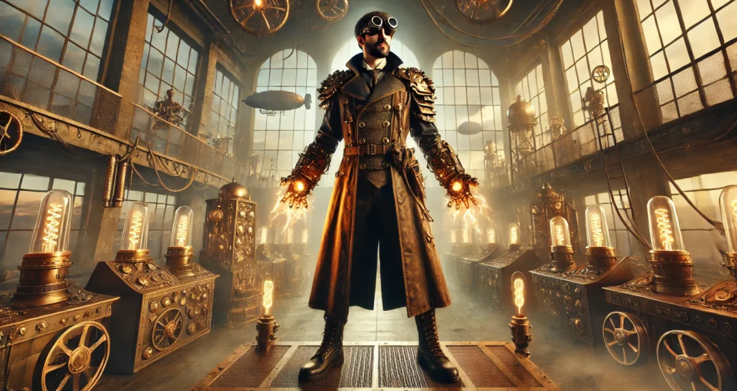 scientist in trench coal standing in front of turn of the century lab
