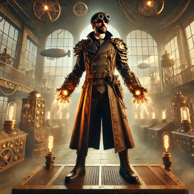scientist in trench coal standing in front of turn of the century lab