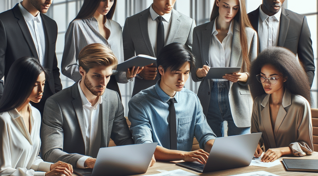 Young people standing over a desk at work.