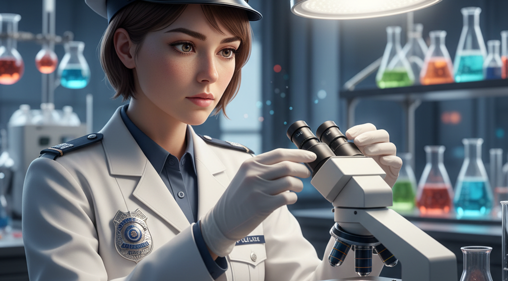 Image of a woman in a police uniform using a microscope in a lab