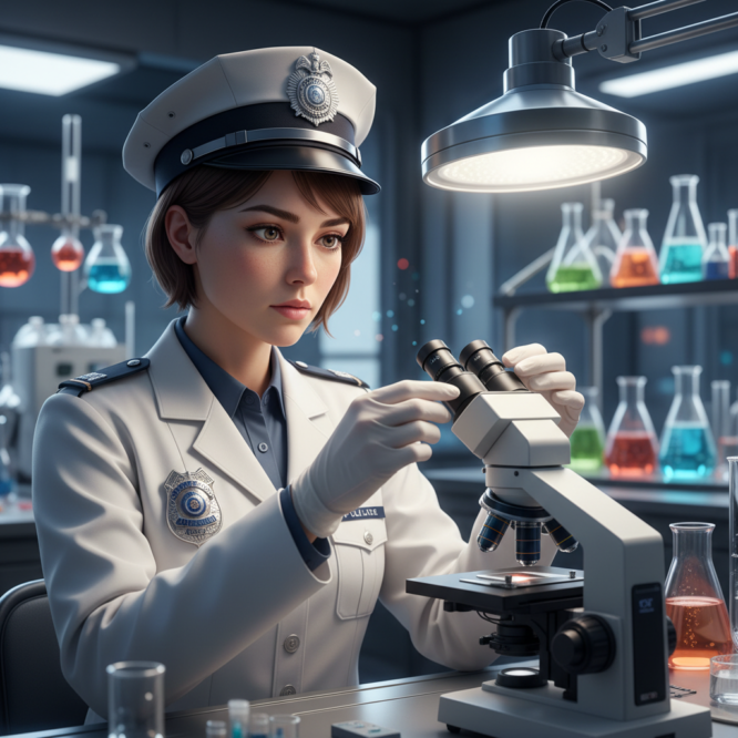 Image of a woman in a police uniform using a microscope in a lab