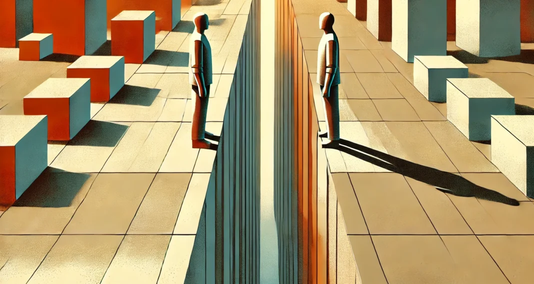 Abstract picture of two men standing on opposite sides of a gap looking at one another.