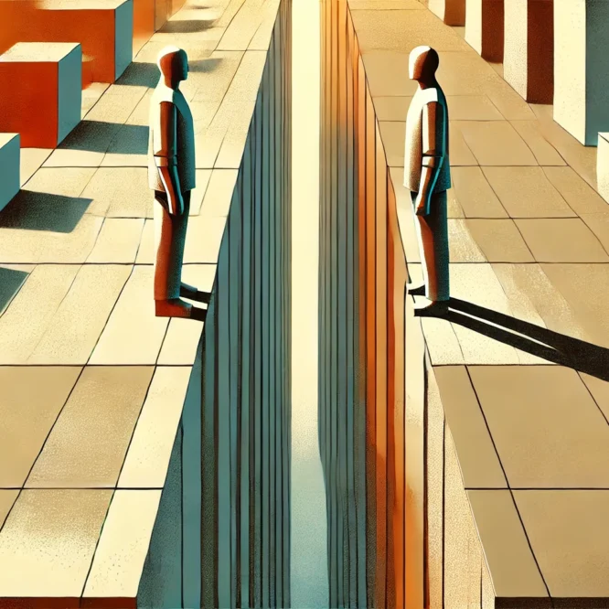 Abstract picture of two men standing on opposite sides of a gap looking at one another.