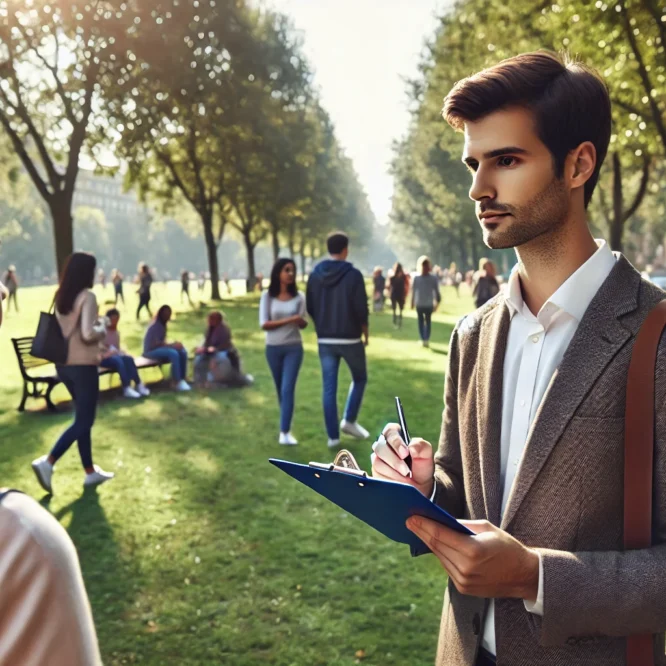 Young man with clipboard conducting survey with a young woman in a park