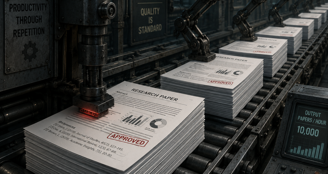 machine with conveyor belt turning out stacks of academic papers.