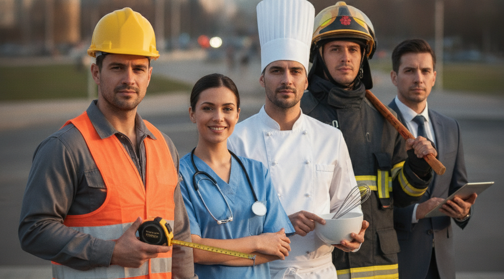 A construction worker, nurse, chef, fireman, and office worker.