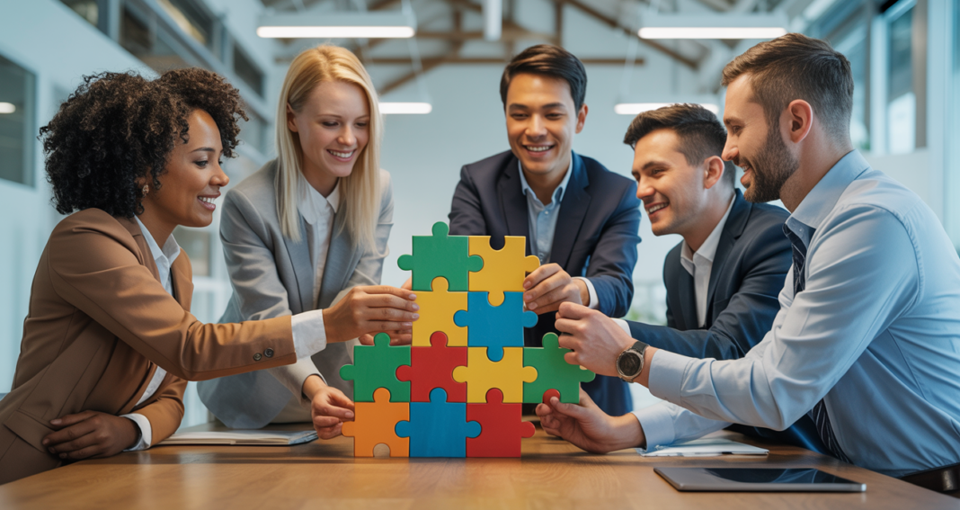 Five business people standing around a table putting a puzzle together.