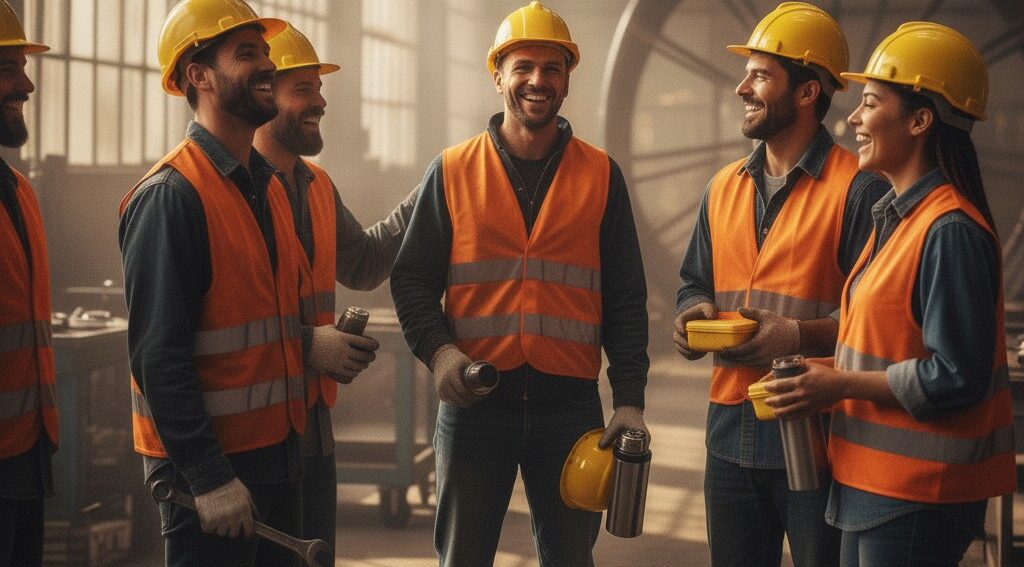 Standing workers in orange vests with hard hats enjoying the day