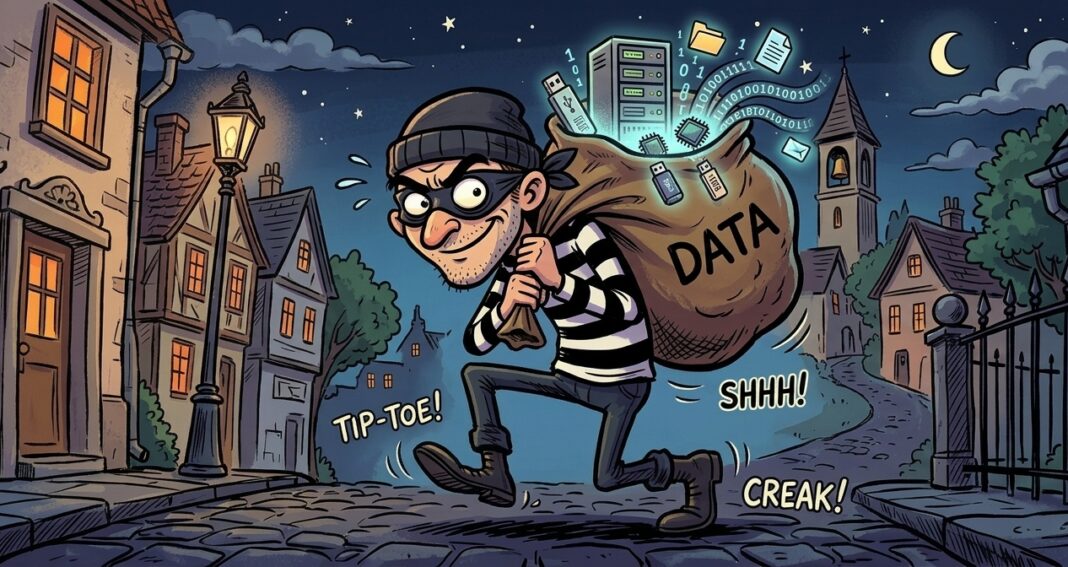 A cartoon burglar with a mask and striped shirt holding a bag full of stolen data.